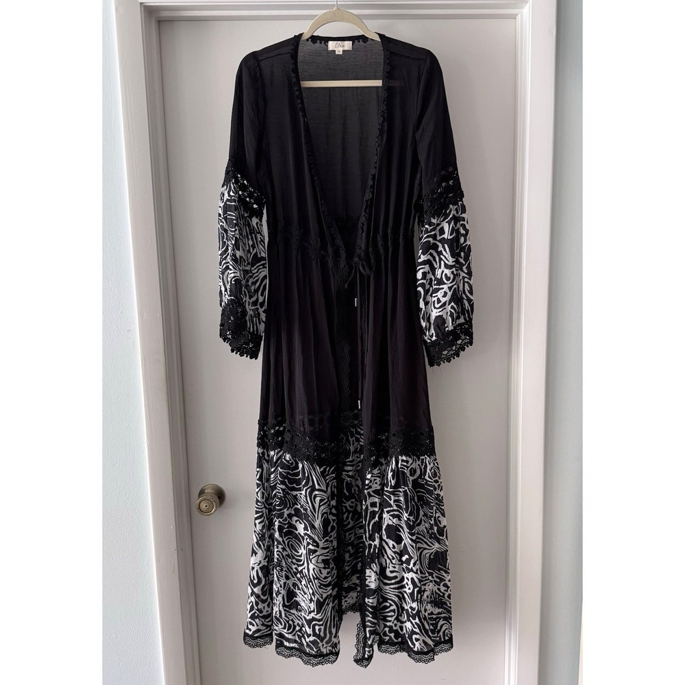 Elan Kimono Maxi Duster Black Print Lace Sheer Boho‎ Festival Whimsygoth Sz M